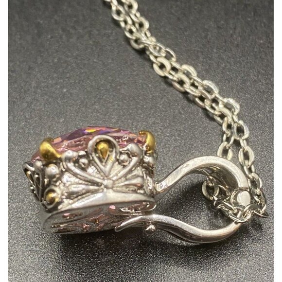 Two-tone Necklace Cushion Cut Pink CZ Renaissance Revival 16" + 3" Barbiecore - Picture 7 of 13